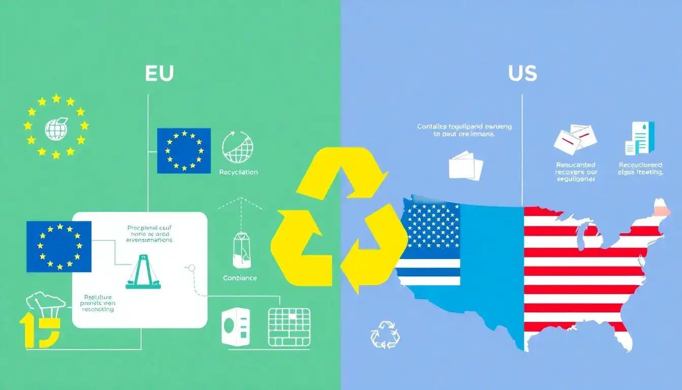 What are the main differences in PV recycling regulations between the EU and the US