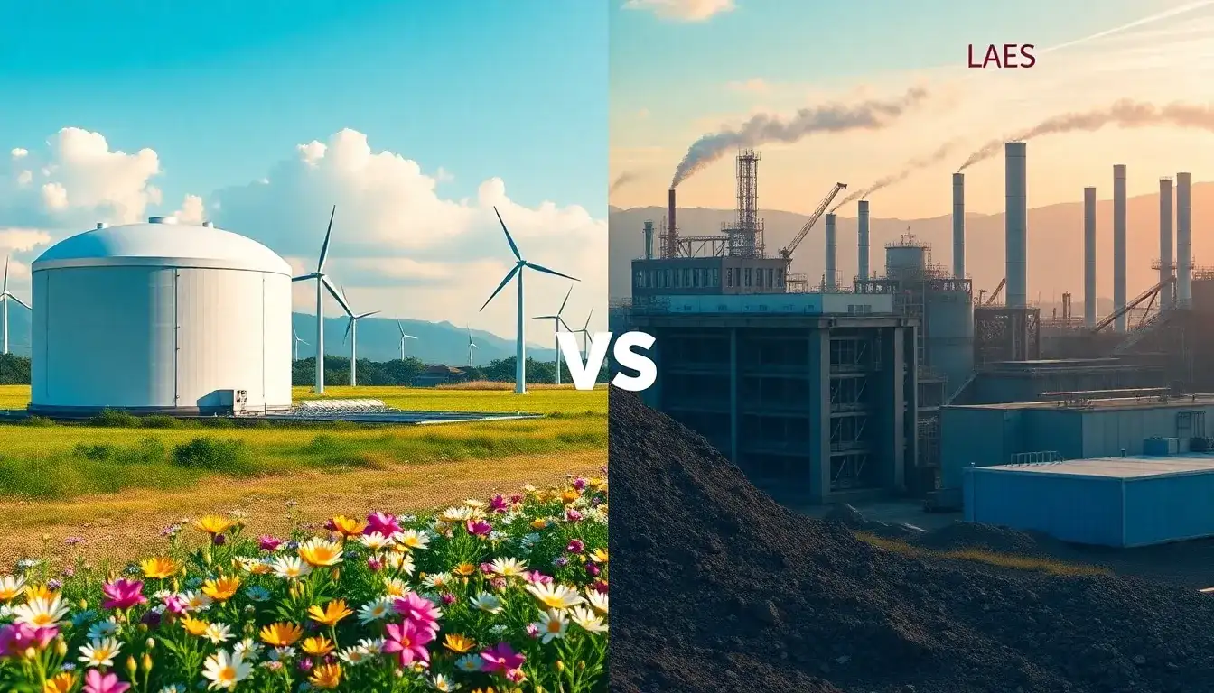 How does LAES compare to lithium-ion batteries in terms of environmental impact