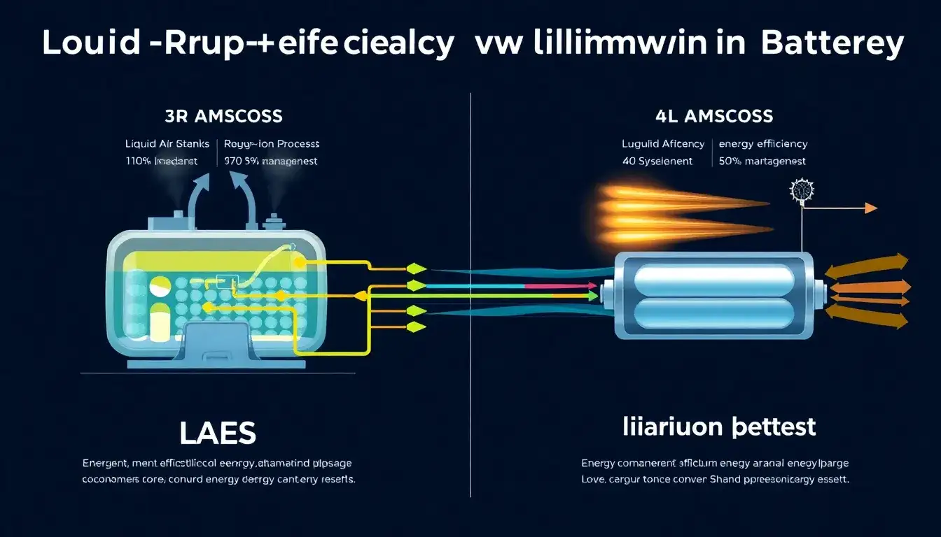 How does the round-trip efficiency of LAES compare to lithium-ion batteries
