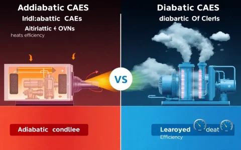How does adiabatic CAES improve efficiency compared to diabatic CAES