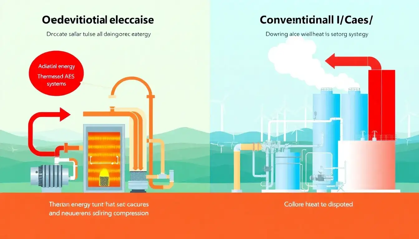 How do adiabatic CAES systems differ from conventional CAES in terms of thermal energy management