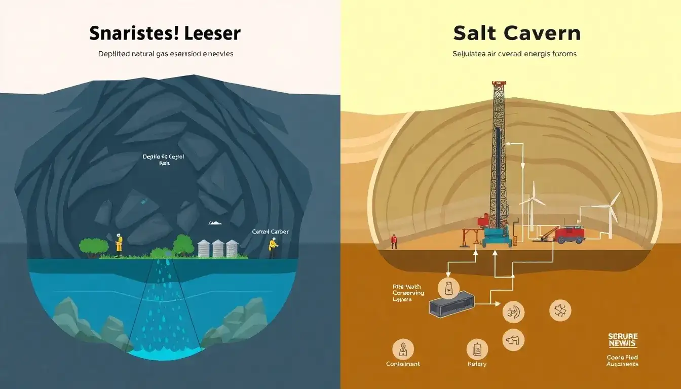 How do depleted natural gas reservoirs compare to salt caverns in terms of safety for CAES
