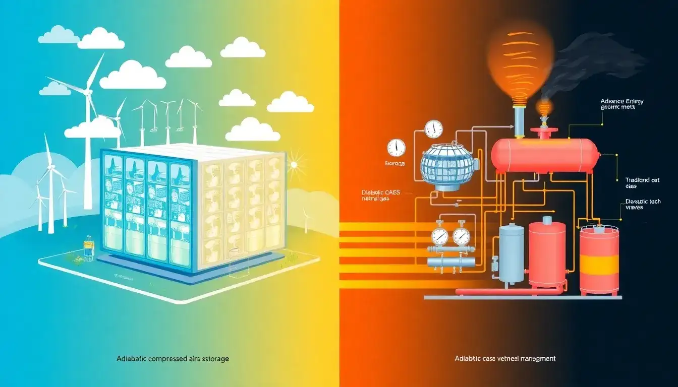 How does the efficiency of adiabatic CAES compare to diabatic CAES