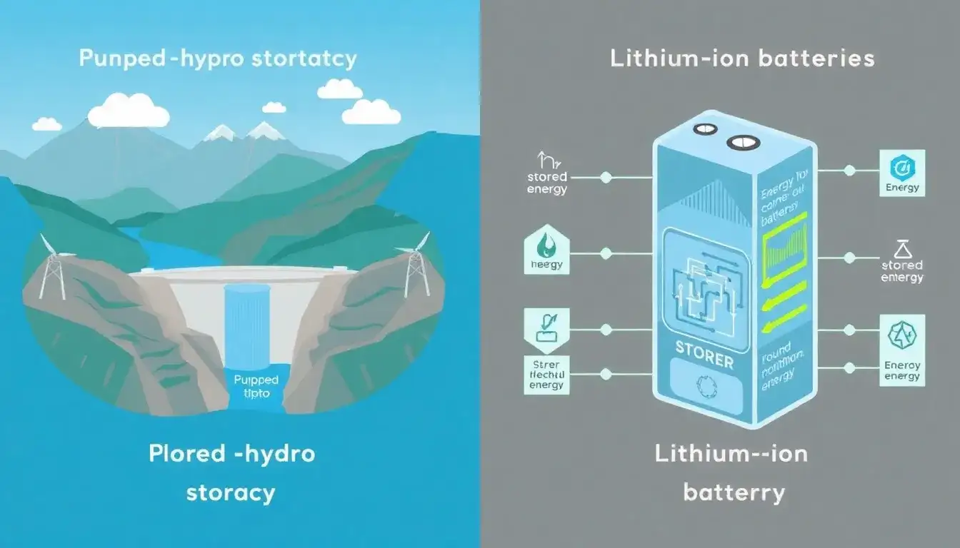 How does the round-trip efficiency of pumped hydro storage compare to lithium-ion batteries