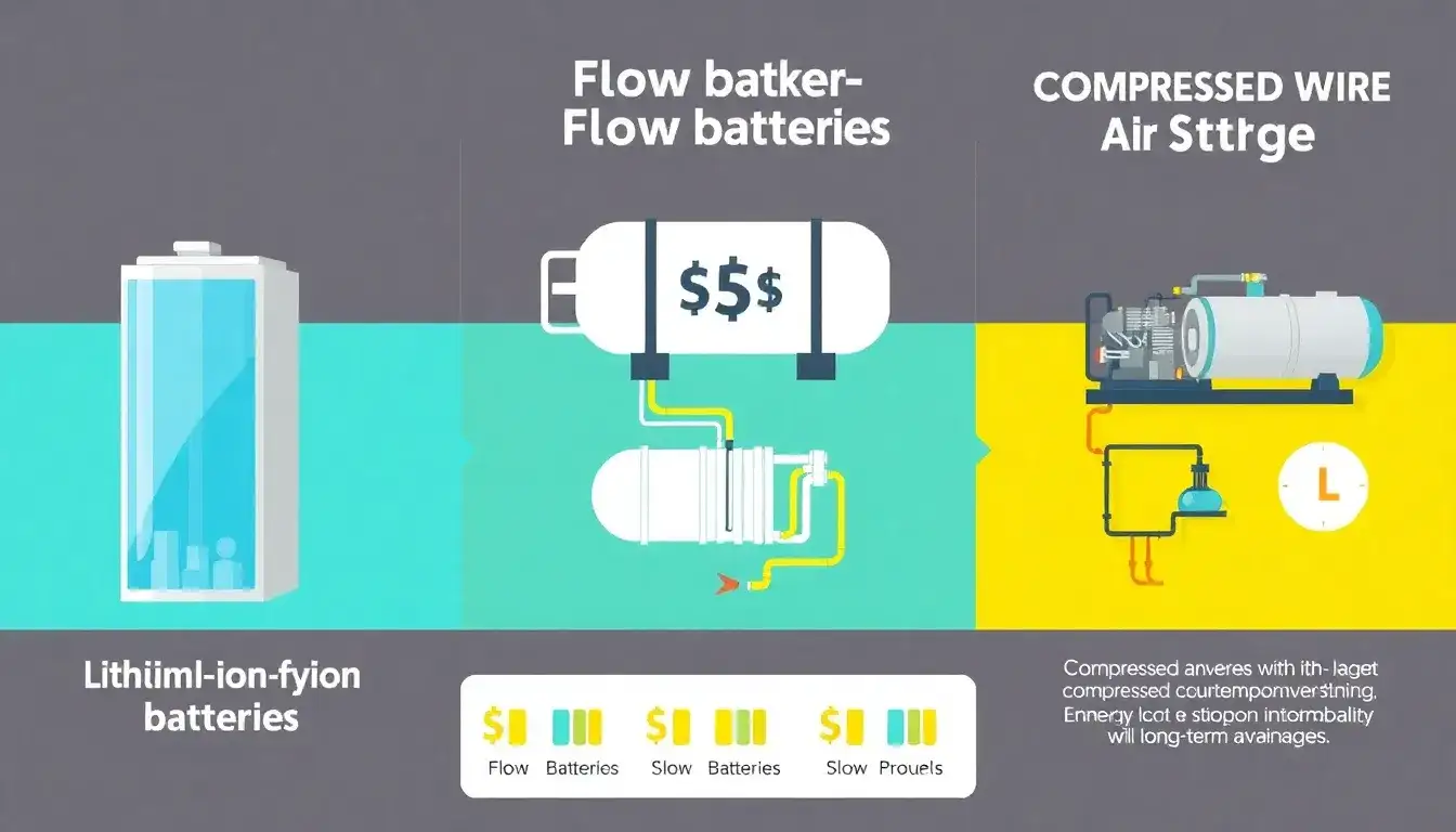 How do the costs of lithium-ion batteries compare to other battery technologies like flow batteries or compressed air storage