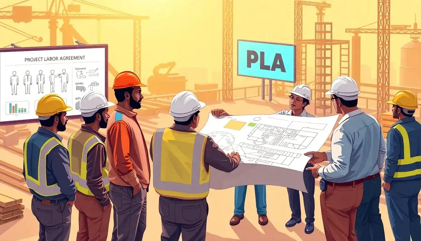 How do PLAs influence labor-management relations on construction sites