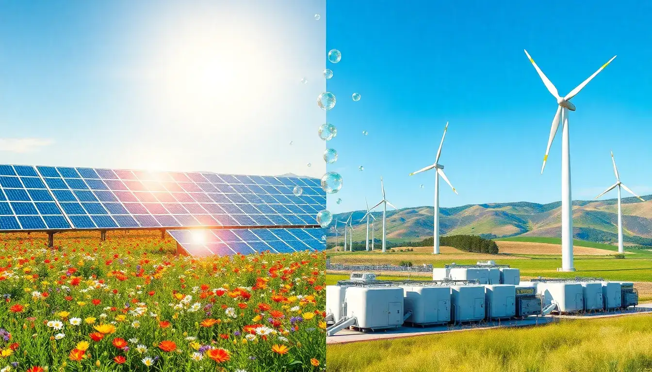 How does the efficiency of green hydrogen production compare between solar and wind energy