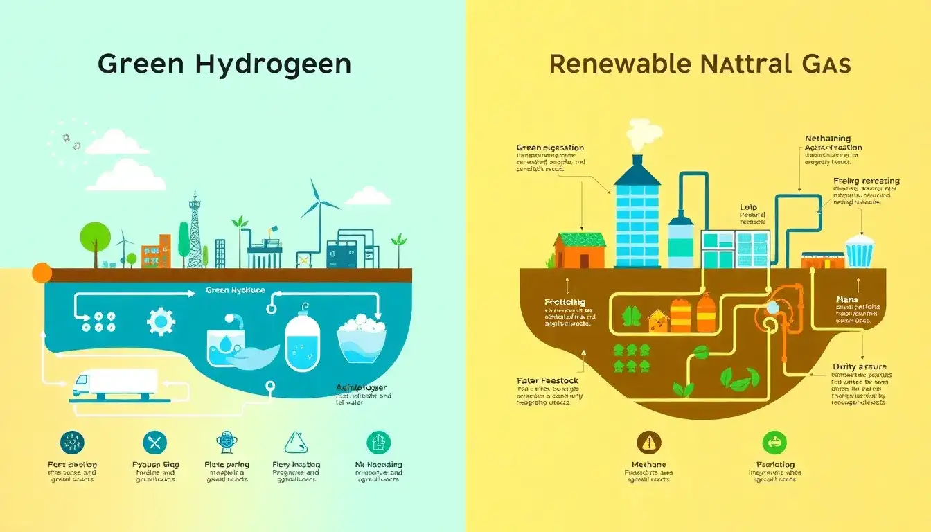 How does the production process of green hydrogen differ from that of renewable natural gas
