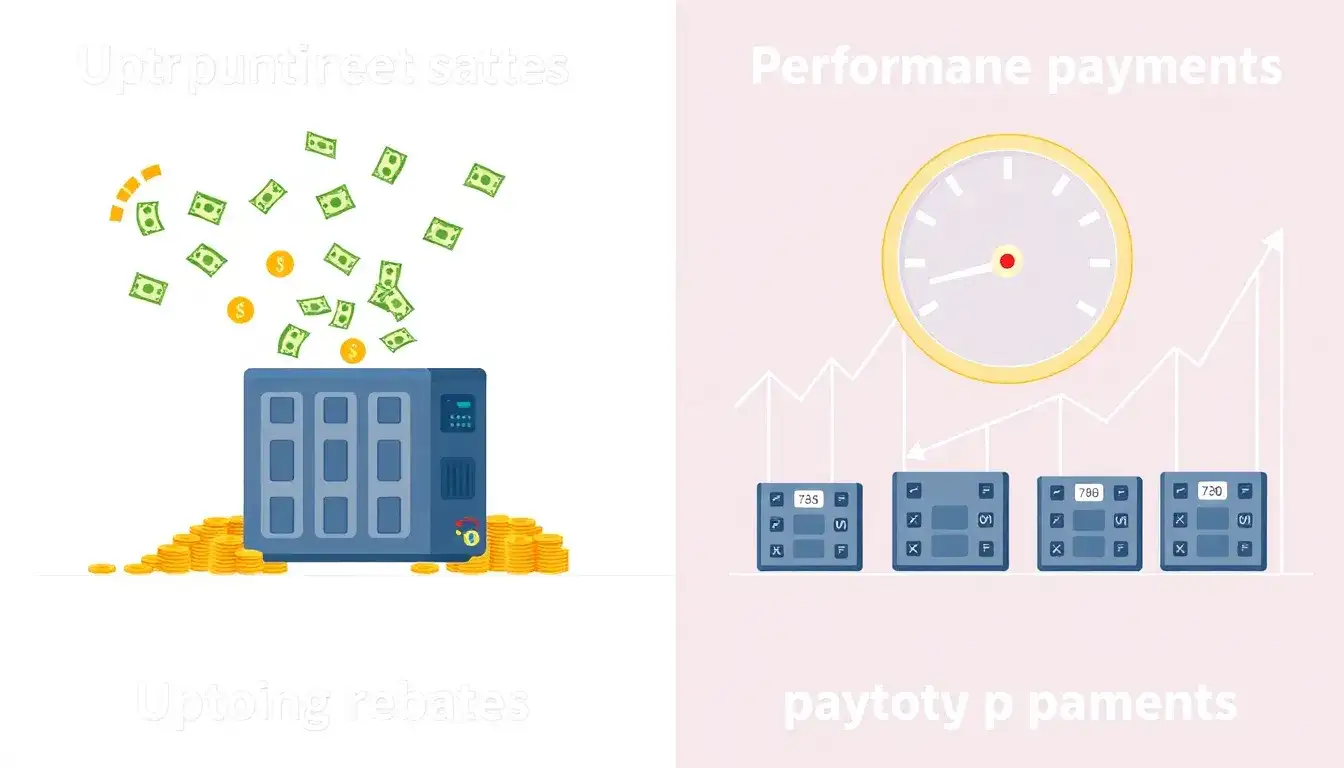What are the main differences between upfront rebates and performance-based payments for battery storage