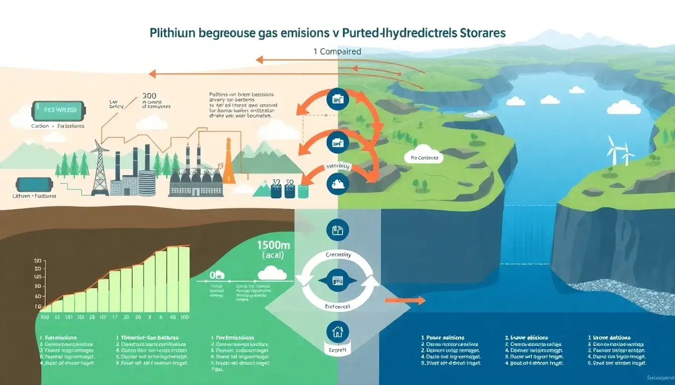 How do the greenhouse gas emissions of lithium-ion batteries compare to those of pumped hydroelectric storage