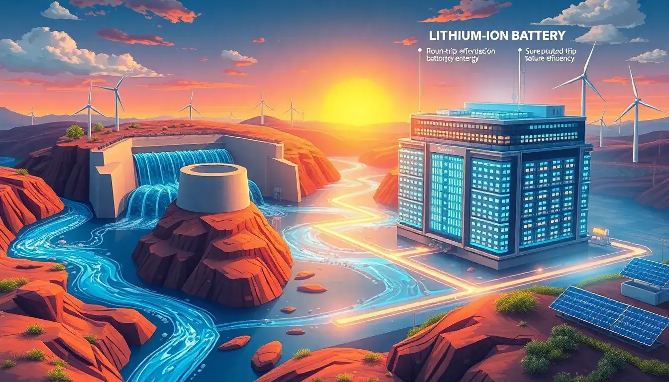 How do the round-trip efficiencies of pumped hydroelectric storage and lithium-ion batteries compare