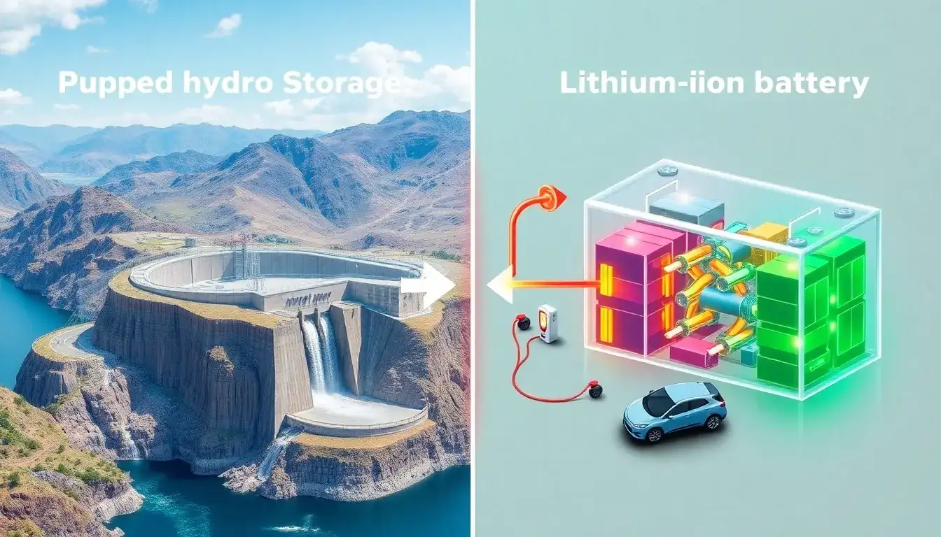 How does pumped hydroelectric energy storage compare to lithium-ion batteries in terms of cost and efficiency