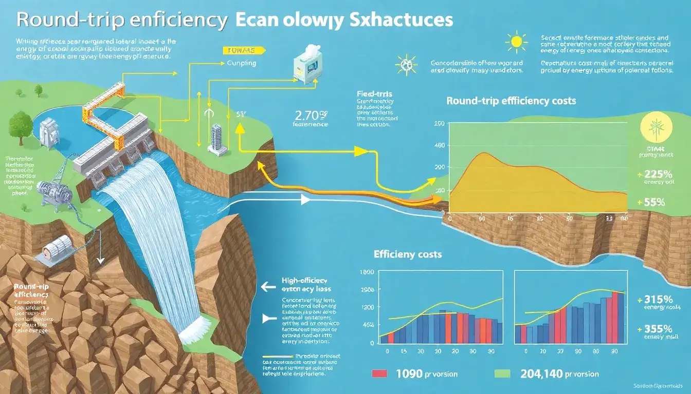 How does the round-trip efficiency impact the overall cost of pumped hydroelectric energy storage
