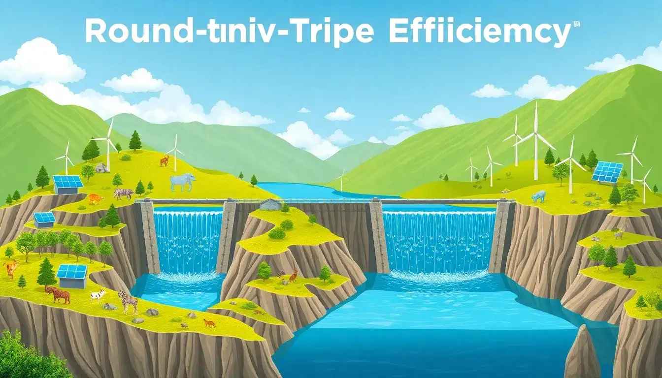 How does the round-trip efficiency of pumped hydroelectric energy storage impact its environmental footprint
